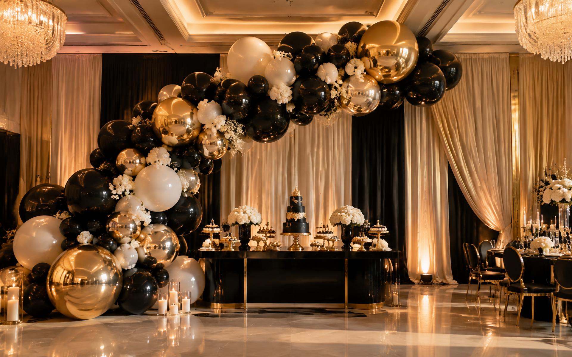 Black, gold and ivory balloon installation above a styled dessert table in a Detroit ballroom