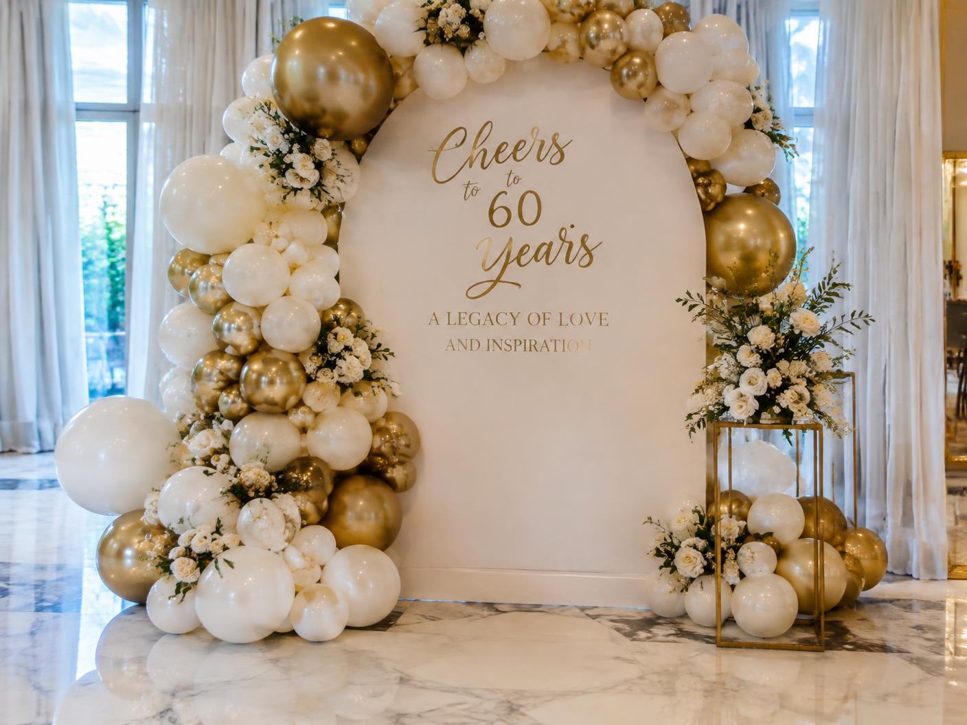 Ivory and gold balloon arch backdrop at a milestone celebration